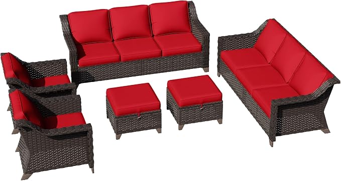 6 Pieces Patio Conversation Furniture Set - 2 Sofas, 2 Armchairs, 2 Ottomans, Outdoor Wicker Furniture with Removable Cushions for Porch, Balcony, Sunroom (Red)