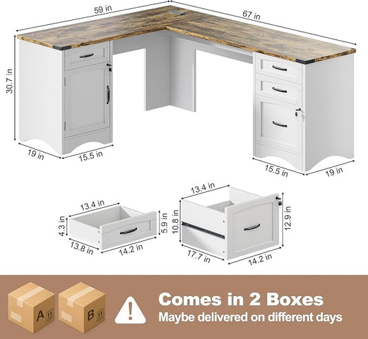 Decofy Farmhouse L Shaped Standing Desk with Storage Drawers, 67'' Corner Office Desk with File Cabinet & Charging Station, Wood Writing Computer Desk for Home Office, Study Room, White