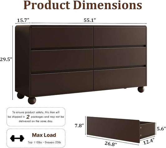 MAISONARIA Mid-Century 3-Piece Dresser Bedroom Set, 6 Drawer Dresser & 2 Drawer Nightstands with Curved Profile Design & Handle Free, Wood Chest of Drawers for Bedroom, Living Room, Hallway, Brown