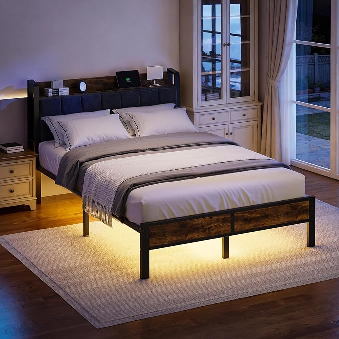 Liians Full Size Bed Frame with Smart LED Light, Wood Storage Charging Station Headboard, Metal Platform Bed, No Box Spring Required, Easy Assembly, Noise Free
