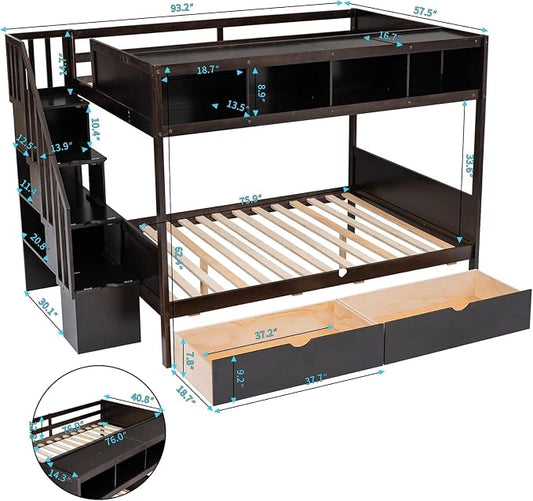 MERITLINE Twin Over Full Bunk Bed with Stairs, Storage Shelves and Drawers, Solid Wood Bunk Bed Frame with Storage, for Teens Adults (Espresso)