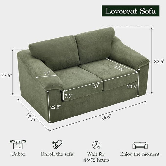 Boneless Loveseat Sofa, Modern Cloud Couch with Deep Seat, Thick Cushion and Curved Armrests, Upholstered Sofa for Living Room, No Assembly Required, Green