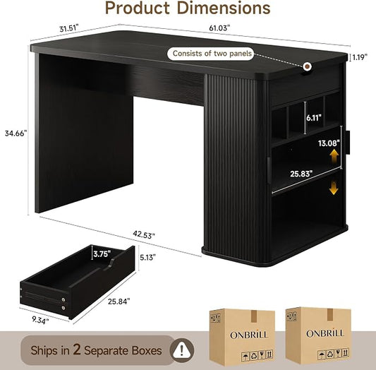 ONBRILL 61 Inch Kitchen Island with Storage, Fluted Counter Height Table, Mid-Century Modern Kitchen Island Table with Sliding Door, Home Bar Tables with Wine Rack and Drawers (Black)