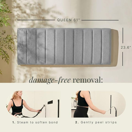 Hearth & Harbor Wall Mounted Queen Headboard Only, Bed Headboard Queen Size | Easy Assemble, Floating Peel and Stick, Upholstered, Channel Stitched, 3D Wall Panels, 5 Strips of 3M Tape Included, Silver