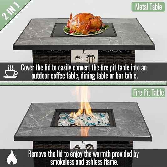 GDFStudio 30" Propane Gas Fire Pit Table, 50,000 BTU Square Outdoor Gas Firepit with Ceramic Tile Top, Wicker Base, Lid & Rain Cover for Patio Deck Backyard Garden, Brown