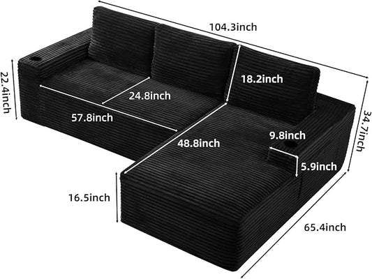 104" L Shaped Boneless Sectional Couches for Living Room, Comfy Corduroy Floor Cloud Sofa with Chaise and Cup Holder, Wide Armrest, Deep Seat, Assembly Free, Ideal for Small Spaces, Black