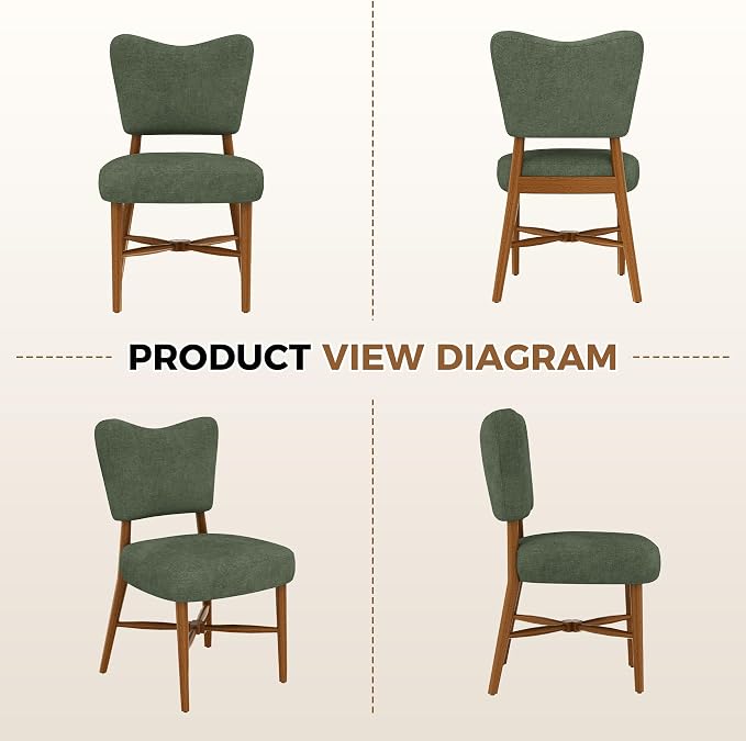 Farmhouse Dining Chairs Set of 2, Linen Seat, Wood Legs, Green | Mid Century Modern, Upholstered Padded Cushion, Solid Wood Cross-Brace, Easy 15-Min Assembly, Kitchen Dining Room