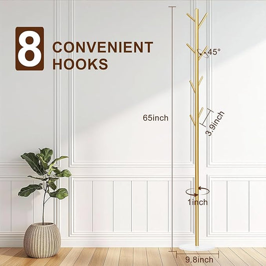 Coat Rack, Metal Freestanding Coat Rack with 8 Hooks, Sturdy Coat Tree with Natural Marble Base for Coats, Hats, Scarves and Handbags for Entryway, Hallway, Bedroom, Office,Dorm (Gold)