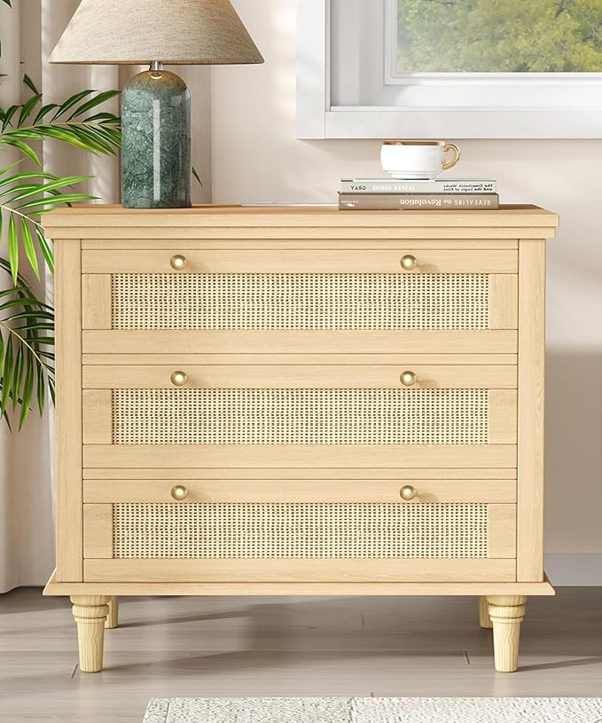 Keehusux 27.6" W Rattan Nightstand with 3 Drawers, Large Night Stand with Charging Station, Boho Bedside Table with Round Handles, Wooden End Table for Bedroom, Natural Oak