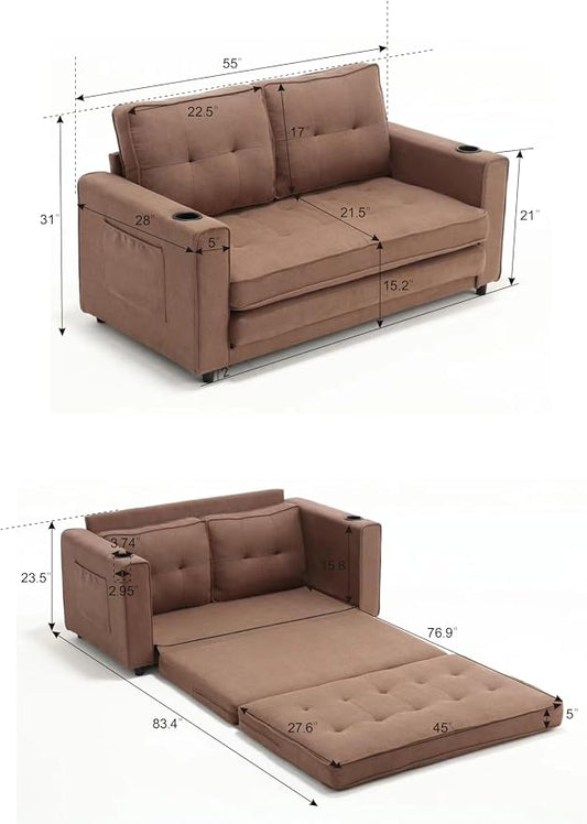 ERYE Foldable Loveseat Sofa Convertible Pull Out Sleeper Sofabed,2 Seat Tufted Upholstered Sofa Modern Convertible Sleeper Couch Bed with Cupholders and Side Pockets
