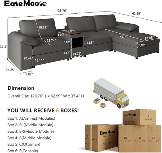 EASE MOOSE Leather Sectional Couch with Console, Oversized Modular Sectional Sofas, Wide Deep Seat Modular Couch, Scratch Resistant Faux Leather Material, L Shaped Sofa for Big Spaces, Grey