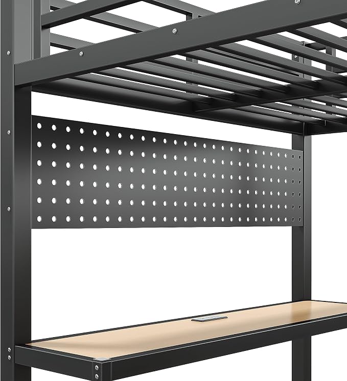 Bellemave Full Size Loft Bed with Desk,with USB Ports, Lights, and Hanging Rod, Cave Board Design, Metal Full Loft Bed Frame for Adults, Kids, Teens, Black