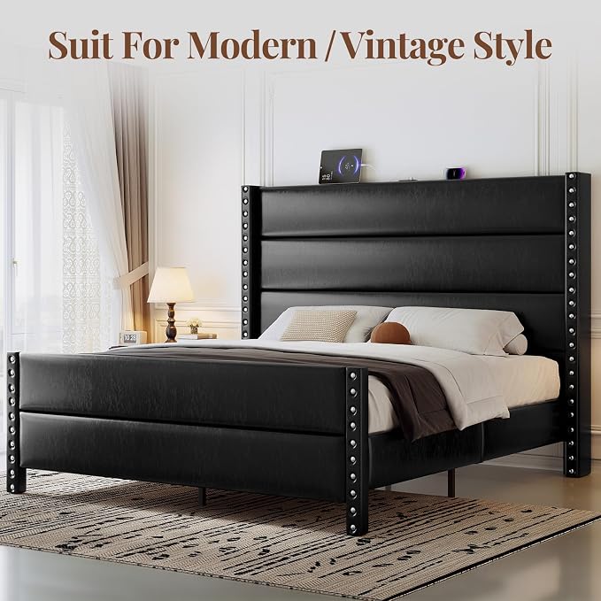 Queen Bed Frame with Storage Shelf & Charging Station, 55" Tall Headboard & 25.6" Footboard, Faux Leather Upholstered Platform Bed with Big Rivets Wingback, Heavy Duty & Noise-Free, Black