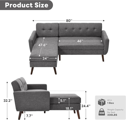 Kingfun L Shaped Couch, 80" W Mid-Century Modern Sofa, Sectional Couches, 3 Seater Sofas with Wide Chaise Lounge, Button Tufted Upholstered Sectional Sofa for Living Room, Bedroom, Gray