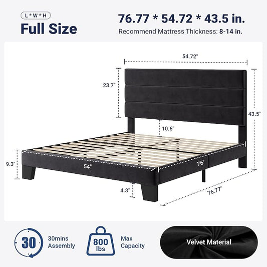 Allewie Full Size Platform Bed Frame with Velvet Upholstered Headboard and Wooden Slats Support, Fully Upholstered Mattress Foundation/No Box Spring Needed/Easy Assembly, Black