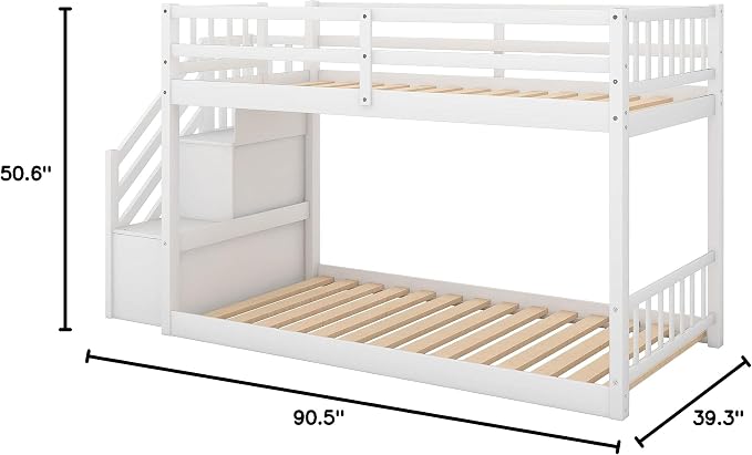 Twin Over Twin Low Bunk Bed with Ladder and for Storage Staircase for Teens, Boys or Girls, No Box Sping Needed