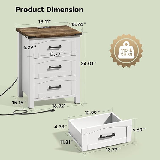 Decofy Farmhouse Nightstand Set of 2 with Charging Station, 18'' Wide Rustic End Table with USB/Type-C Ports, 3 Drawers, Wood Bedside Table for Bedroom, White