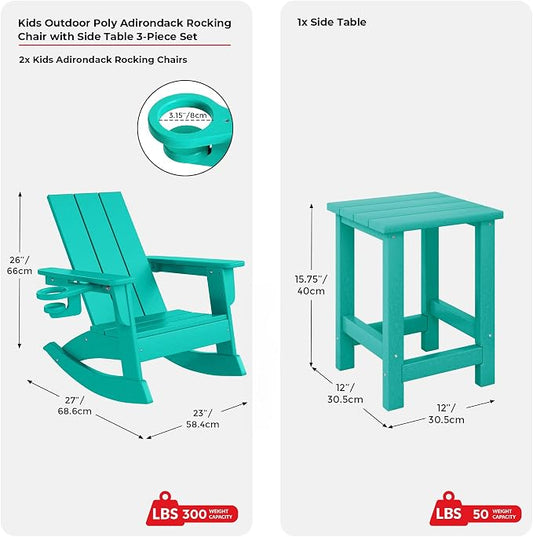 Costaelm Palms 3-Piece Kids Table and Chairs Set with Modern Toddler Rocking Chairs and Cup Holders, Turquoise