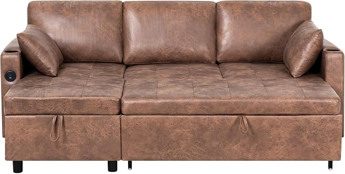 84" L-Shape Pull Out Sofa Bed with Adjustable Backrest, Upholstered Sectional Sleeper Sofa with Storage Chaise, Suede Leather Reversible Couch Bed with USB Port for Living Room, House, Brown