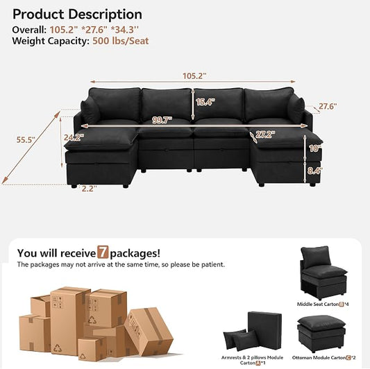 105" Black Faux Leather Storage 4 Seater Sofa with 2 Ottomans, Comfy Couch | Convertible Modular Sectional Sofa, U Shaped Oversized Couch, Upholstered Large Cloud Couch For Living Room, Apartment.