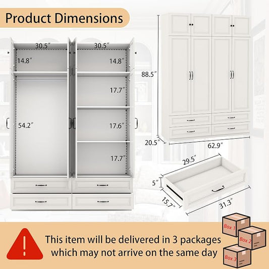 Armoire Wardrobe Closet with Drawers: Bedroom Armoires with Hanging Rod, Wooden Closet Cabinet for Hanging Clothes, Tall Wardrobes Closets with Doors and Shelves (White, 63")