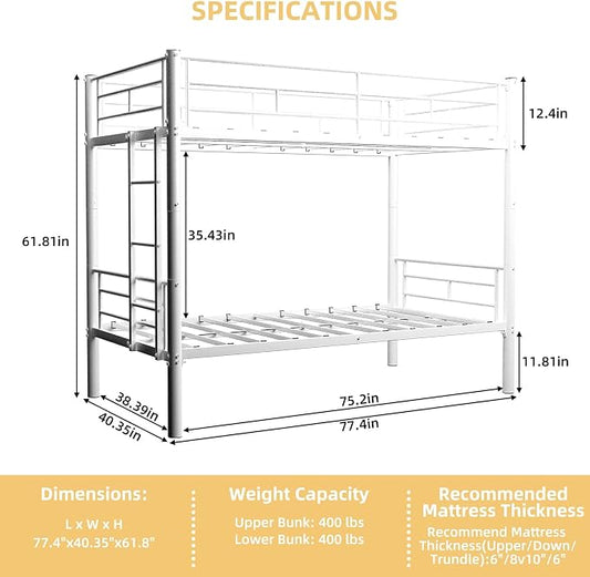 HRVEOCEI 2-Way Convertible Twin Over Twin Bunk Bed with Guardrail & Ladders, Metal Low Bunkbed for Kids Boys Girls, Heavy Duty, No Box Spring Needed, Space-Saving (White, No Trundle)