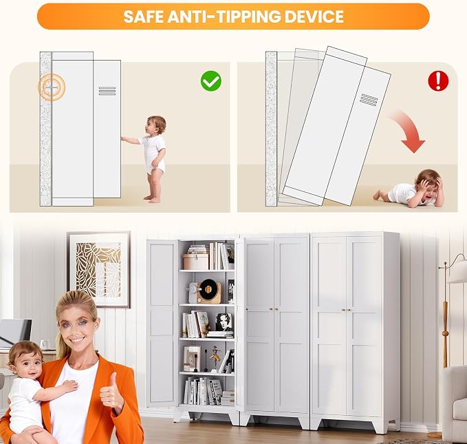 71" Tall Kitchen Cabinet Storage Unit With 2 Doors and 4 Adjustable Shelve, Metal White Freestanding Cupboard, 5 Tier Kitchen Pantry Storage Cabinet for Kitchen Dining/Living Room/Garage/Home/Office