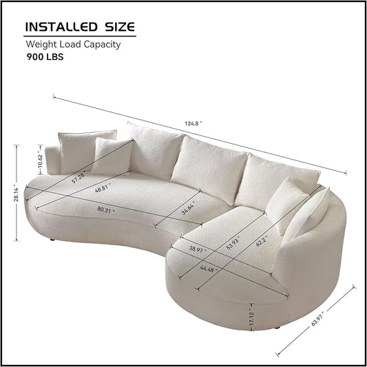 KEIKI 129" Luxury Curved Boucle Sectional Sofa with Right Chaise, Upholstered Modern Style Oversized 5-Seater Couch with Thickened Seat Cushions, Easy Assembly, for Apartment, Living Room, White