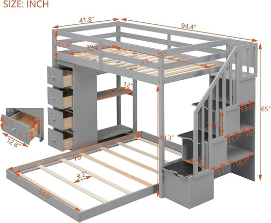 Ball & Cast Twin Over Full Bunk Bed with Safty Guardrail & Storage Stairs,Wood Bedframe W/ 3-Layer Shelves & Drawers,Easy Assembly,Space Saving,Compact Bedroom Furniture Set for Boy Girl Teens,Gray