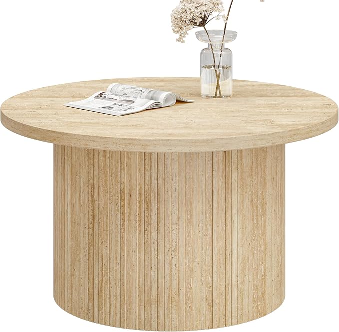 ONBRILL 31.5" Round Coffee Table, Tambour Design Coffee Tables for Living Room, Mid Century Modern Wood Coffee Table, Drum Accent Small Center Table, Travertine Texture