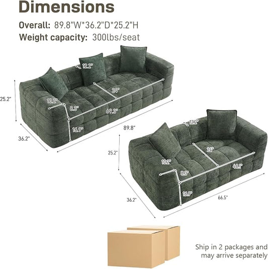 DAMAIFROM Chenille Cloud Sofa Couch Set with 5 Soft Pillows,Comfy Upholstered Chenille LoveSeat Sofa Set,Modern Deep Seat Sherpa Cloud Couch, Oversized Love Seat for Living Room,Olive Green