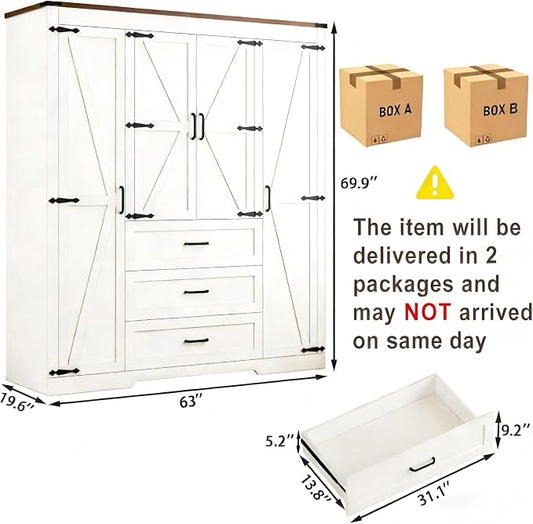 4 Door Armoire Wardrobe Closet Cabinet with 3 Drawers and Drawers, Farmhouse Bedroom Armoire with Hanging Rod and Adjustable Shelves, Large Capacity Storage Wardrobe Armoire for Bedroom, White