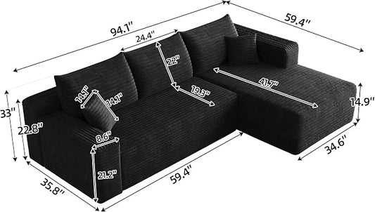 JINGLING 94" L Shape Couch with Right Chaise, Memory Foam Boneless Sectional Sofa in a Box, No Assembly Modular Small Couches for Small Spaces, Living Room, Apartments, Plush Corduroy, Black