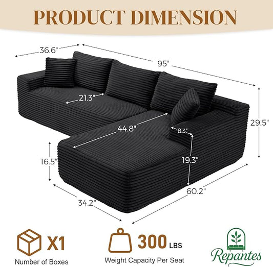 95" L Shaped Boneless Sectional Couches, Wide Armrest, Deep Seat, Memory Foam, Assembly Free, Modern Comfy Corduroy Fluffy Cloud Sofa with Right Chaise for Living Room, Small Spaces, Black