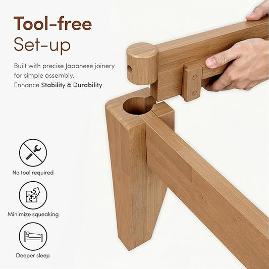 Thor Premium Solid Wood Bed Frame Queen, Japanese Joinery Bed Frame with Wood Slat Support, Platform Bed, No Box Spring Needed, Easy Assembly, Minimalist & Modern Style (Light Brown)