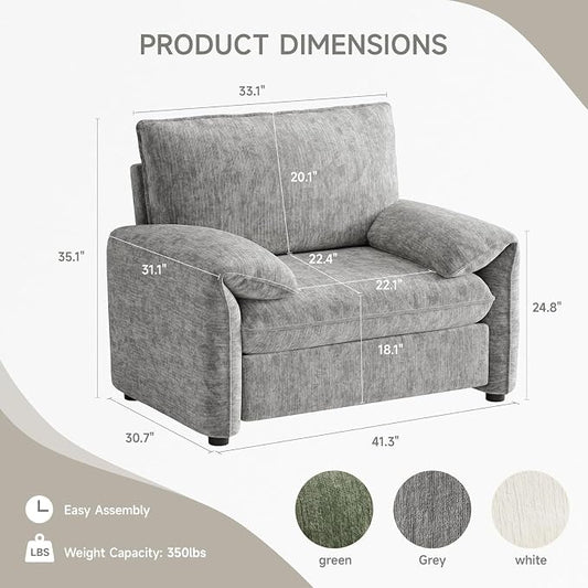 ONBRILL Oversized Accent Chair, 41 Inch Chenille Fabric Armchair, Comfy Single Sofa Chair with Padded Arms, Pocket Spring Cushion, Modern Reading Chair for Living Room, Bedroom, Grey