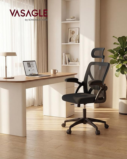 VASAGLE Ergonomic Mesh Office Chairs with Adjustable Lumbar Support and Headrest, 90-105° Tilt Function, Wide Seat, Flip‑Up Armrests, Computer Desk Chairs for Home Office, Set of 2, Ink Black