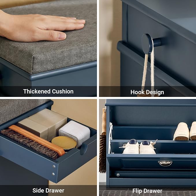 Haotian Small Shoe Storage Bench, Narrow Shoe Cabinet Entryway with 1 Flip-Drawer and Seat Cushion, Mini Shoe Rack Hallway Entrance Mudroom, Navy Blue FSR82-K-B