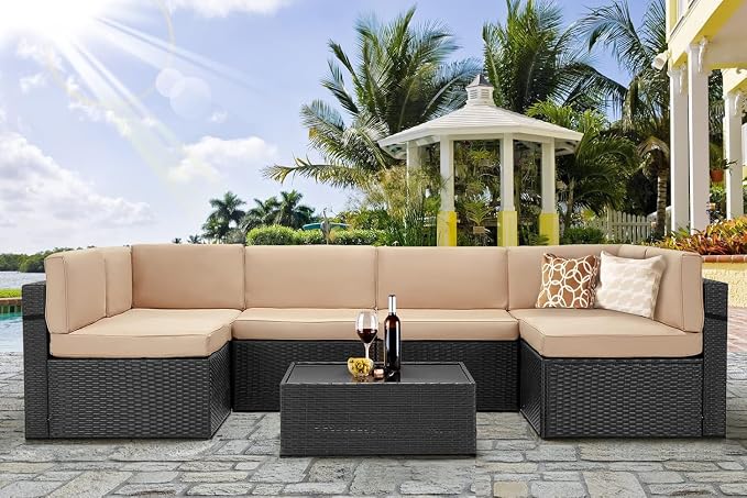 U-MAX 7 Piece Outdoor Patio Furniture Set, PE Rattan Patio Wicker Sectional Furniture Chair Set with Cushions and Tea Table, (Black Rattan&Beige Cushion)