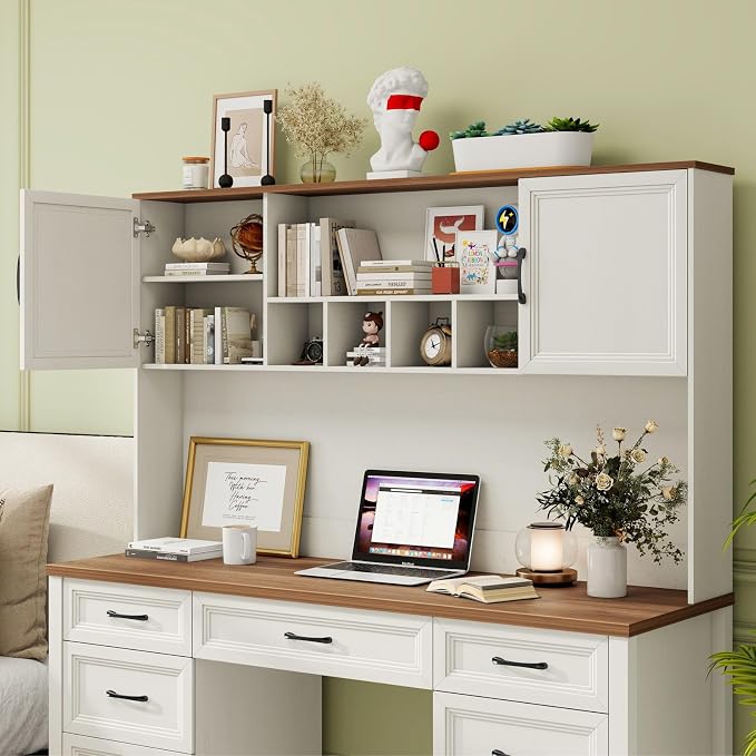 Vabches Farmhouse Executive Desk with 7 Drawers and Storage Cabinet, Rustic Large Home Writing Desk with Hutch, Workstation for Bedroom, White