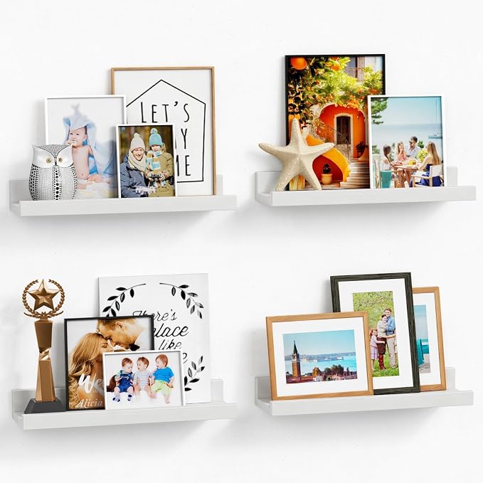 Forbena White Picture Ledge Shelf, Floating Shelves with Lip for Bedroom Books, Corner Nursery Book Shelves Wall Mounted for Small Spaces Office Baby Child Kids Room Art Decor (4-Pack, Real Wood)