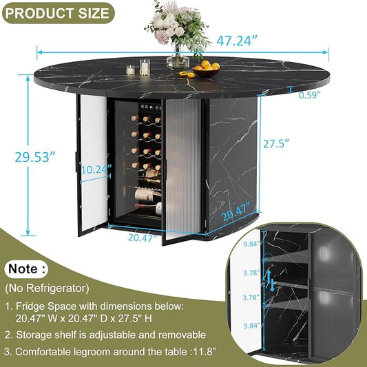 IBF Round Dining Table with Storage, Black Faux Marble Kitchen Tables for 4-6 People, 47" Modern Dining Room Tables with Fridge Space, Wood Circle Dinner Table for Home, Black Marble, Only Table