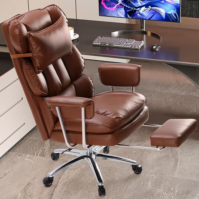 Sweetcrispy Executive Home Office Desk Chair - Ergonomic Big Tall High Back with Footrest & Lumbar Support, Reclining Height Adjustable, Comfy PU Leather Computer Gaming with Swivel Wheels, Brown