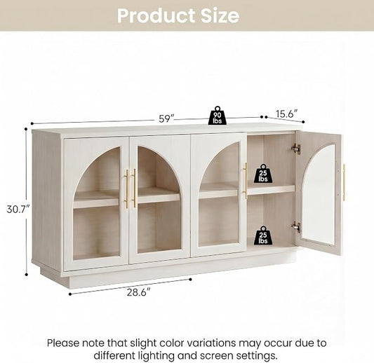 Fatmok 59" Buffet Cabinet with Glass Doors, Modern Arched Sideboard with Large Storage and Adjustable Shelves, Accent Console Credenza for Dining Room, Living Room, Entryway, White Wood Grain