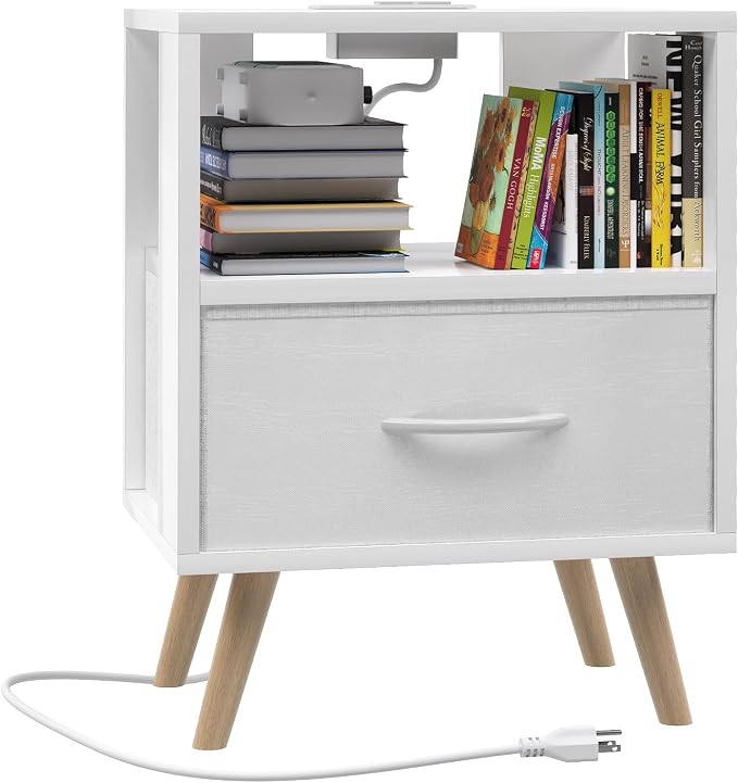 Huhote Kids Nightstand, 2-Tier Night Stand with Charging Station and Drawer, Modern Side Table for Bedroom, Study Room, Small Spaces, White