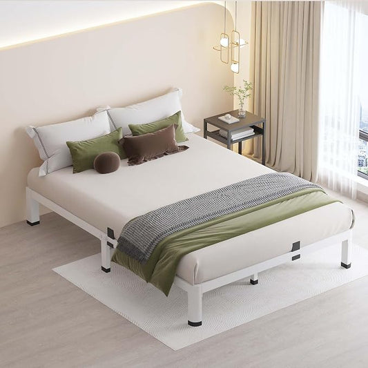 MAF 7 Inch Full Size Metal Platform Bed Frame White with Round Corner Legs, Mattress Slide Stopper, 3000 LBS Heavy Duty Steel Slats Support, Noise Free, No Box Spring Needed, Easy Assembly