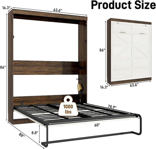 Hlivelood Queen Size Murphy Bed with 2 LED Lights, Farmhouse Wood Hidden Foldable Wall Bed Frame w/Gas Struts, Storage Bed Cabinet for Bedroom, Office, Space-Saving, No Box Spring Needed, Rustic White