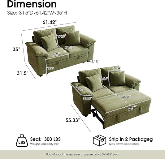WorthFurni 61” Pull Out Couch, 2 in 1 Sleeper Sofa Bed with Throw Pillow, Convertible Small Loveseat Sleeper Couch for Living Room, Bedroom, Apartment (Green)