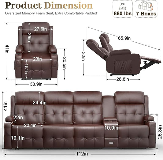 Recliner Sofa, 4 Seater Massage Reclining Loveseat Sofa Sets, 2 Single Power Recliner Chairs Heat & Massage, Heavy Weight Capacity, RV Clearance Love Seat Couch with Console, USB, Type C Port
