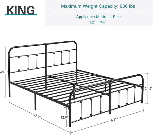 VECELO Black Victorian Style Metal Bed Frame with Headboard/Mattress Foundation/No Box Spring Needed/Under Bed Storage and Strong Slat Support King Size